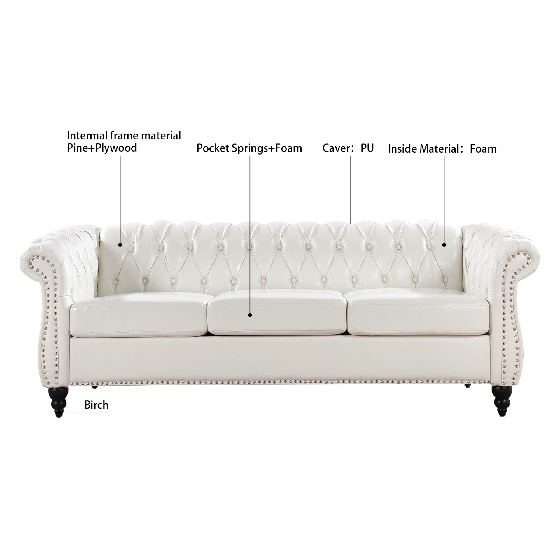84.65" Rolled Arm Chesterfield 3 Seater Sofa - White - Image 11