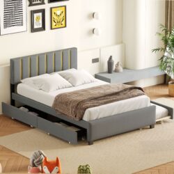 Queen Size Upholstered Platform Bed With 2 Drawers And 1 Trundle, Classic Strip Headboard Design - Gray