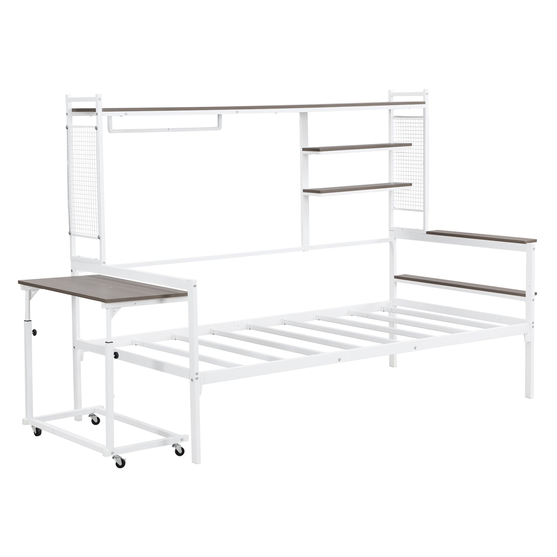 Twin Size Daybed With Movable Desk, Grid, Shelves And Clothes Hanger - White - Image 7