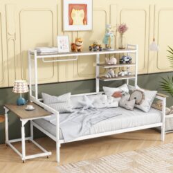 Twin Size Daybed With Movable Desk, Grid, Shelves And Clothes Hanger - White