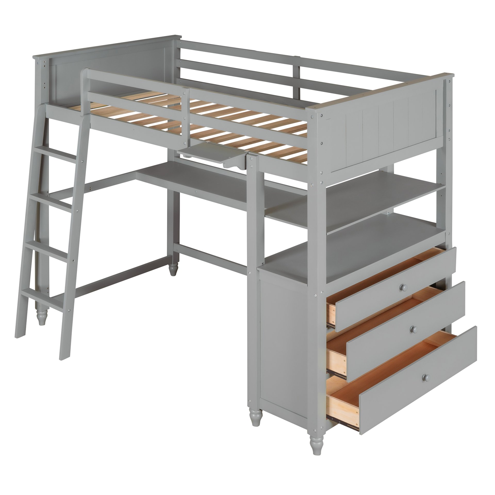 Twin Size Loft Bed With Drawers And Desk, With Shelves - Gray - Image 4