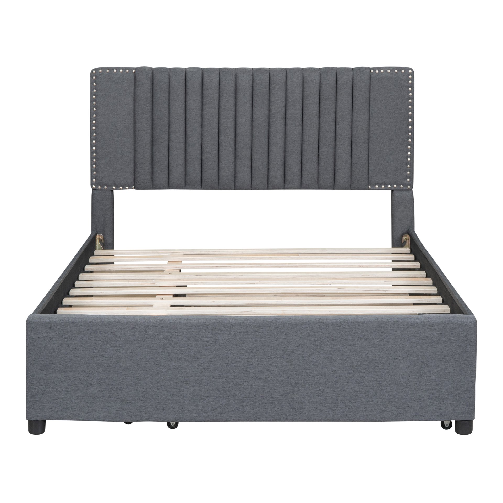 Full Size Upholstered Platform Bed With 2 Drawers And 1 Twin Size Trundle, Classic Headboard Design - Gray - Image 3