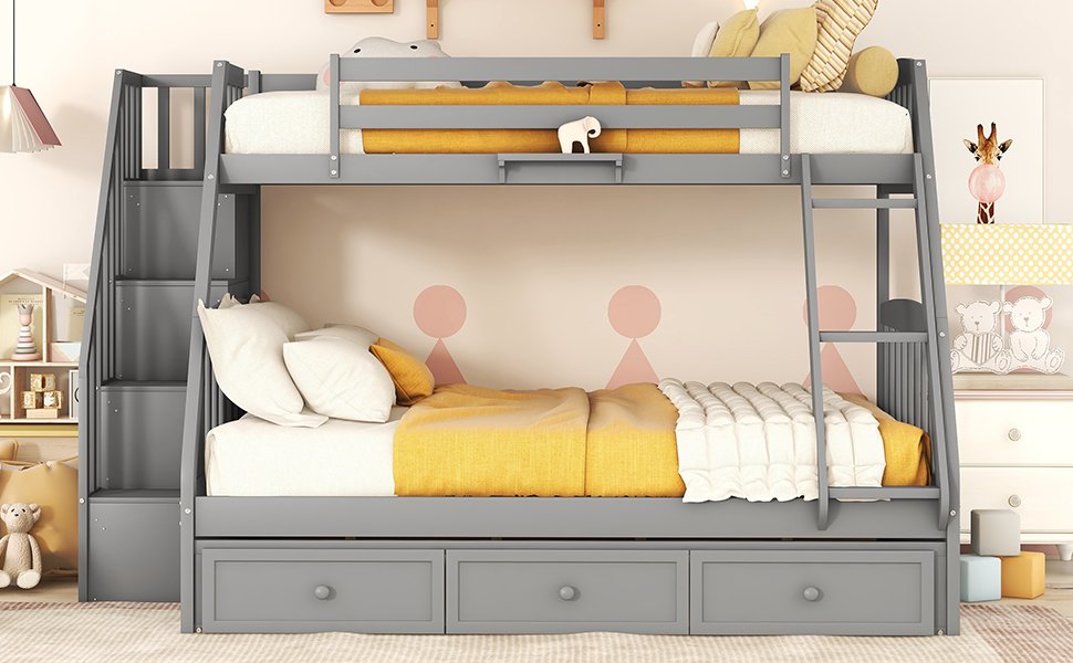 Twin Over Full Bunk Bed With Drawers, Ladder And Storage Staircase - Gray - Image 12