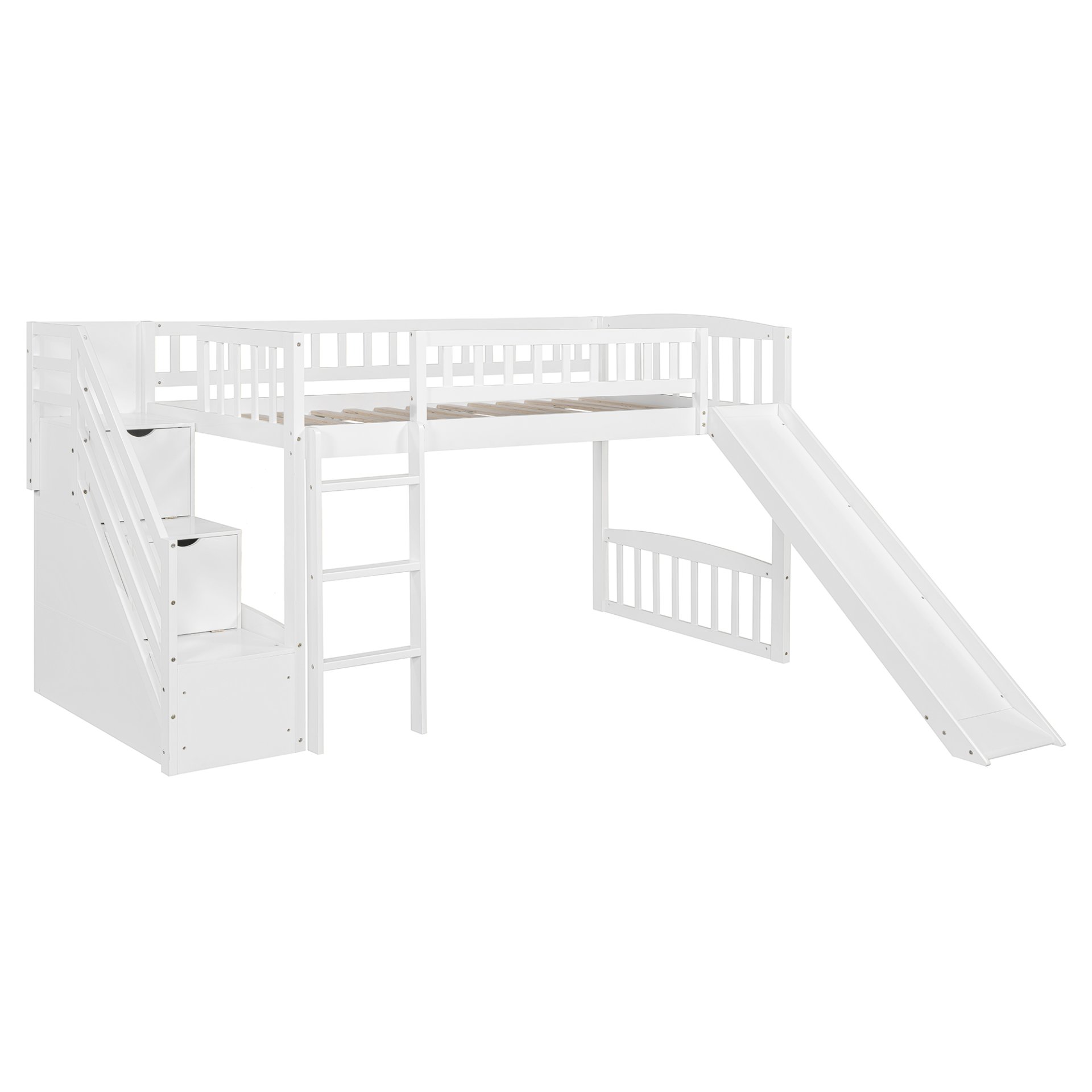 Twin Size Loft Stairway Bed With 2 Drawers And Slide - White - Image 3