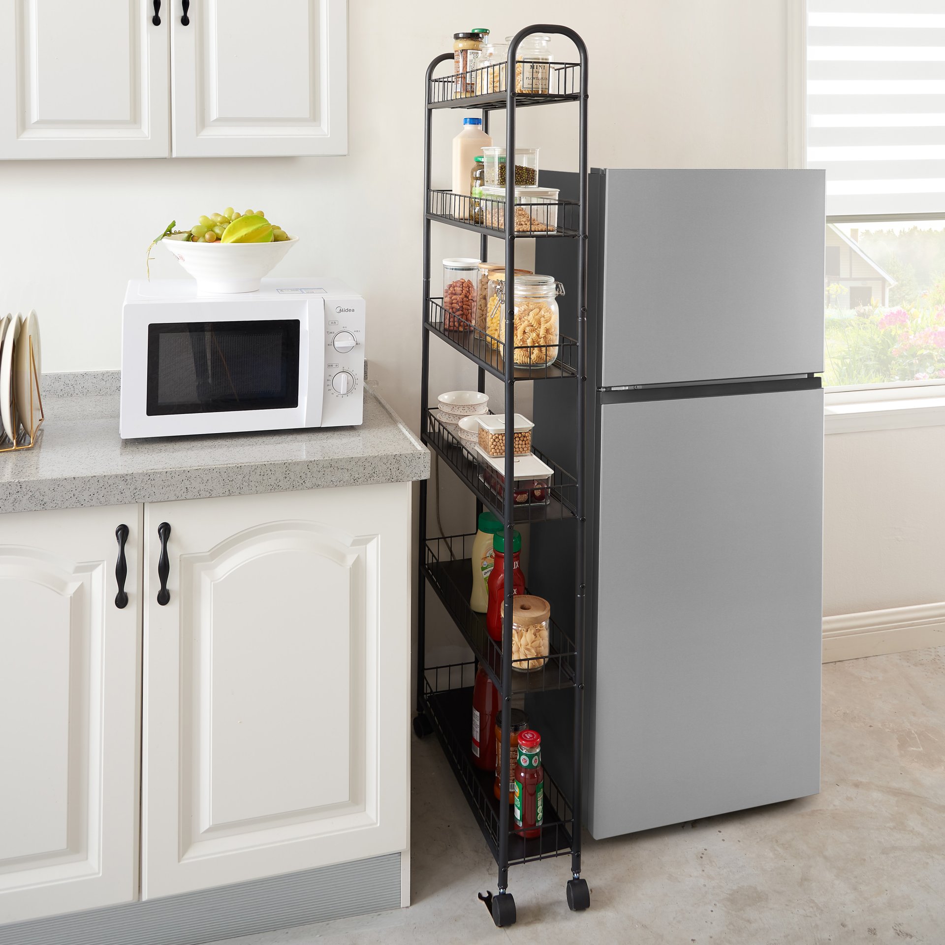 6 Tier Rolling Cart Gap Kitchen Slim Slide Out Storage Tower Rack With Wheels, 6 Baskets, Kitchen, Bathroom Laundry Narrow Piaces Utility Cart - Black - Image 2