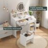 White Vanity Desk With 360° Rotated Mirror And Adjustable Lights, Girls Makeup Vanity Table With Storage Chair And Side Cabinet - Antique White - Image 8