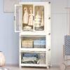 Portable Wardrobe Closet Storage Organizer With Magnetic Doors And Hanging Rod - Cream White - Image 16