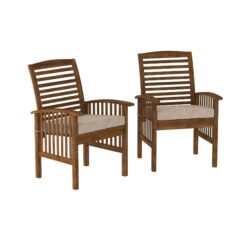 Modern 2 Piece Slat Back Patio Chairs With Cushions - Dark Brown
