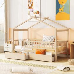 Twin Size House Bed With 2 Drawers - Natural