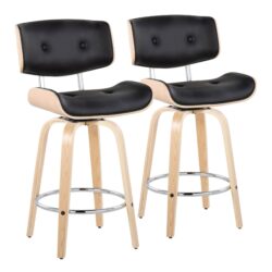 Lombardi - Mid-Century Modern Fixed Height Counter Stool With Swivel With Round Footrest (Set of 2) - Natural / Black
