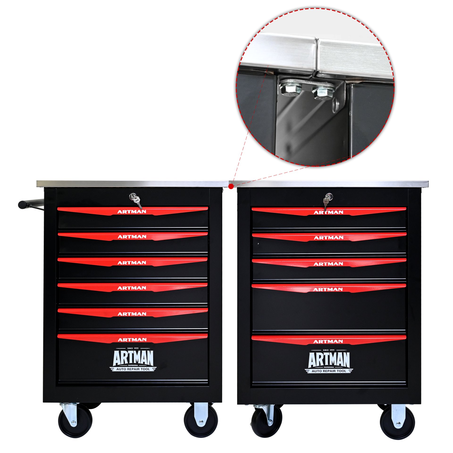 6 Drawer Multifunctional Tool Cart With Wheels, Metal Rolling Tool Cart Storage For Garage Workshop Warehouse Repair Shop With Stainless Steel Roof - Black / Red - Image 9