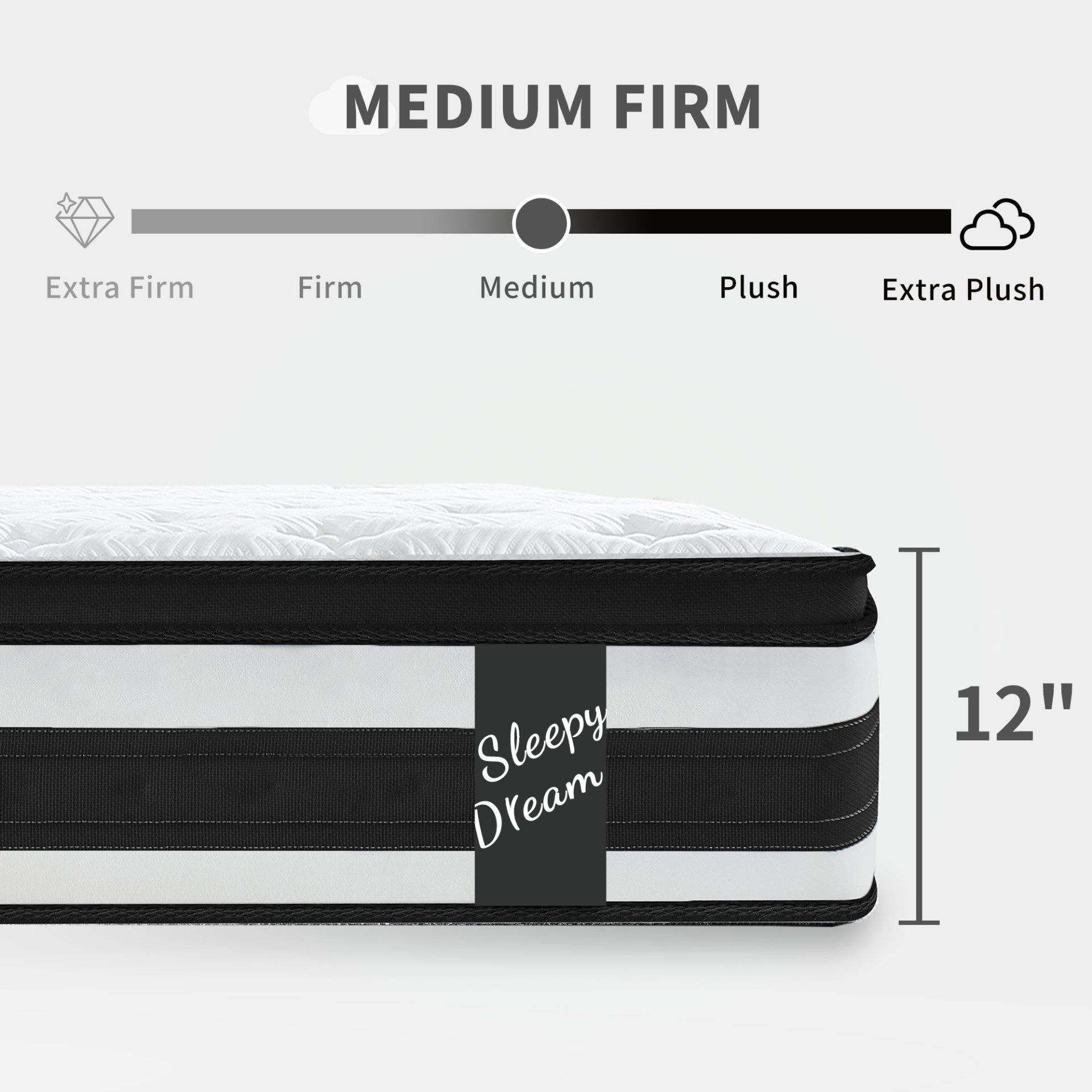12" King Size Hybrid Mattress 7 Zoned Individual Pocket Spring Breathable Memory Foam Mattress - White / Black - Image 2