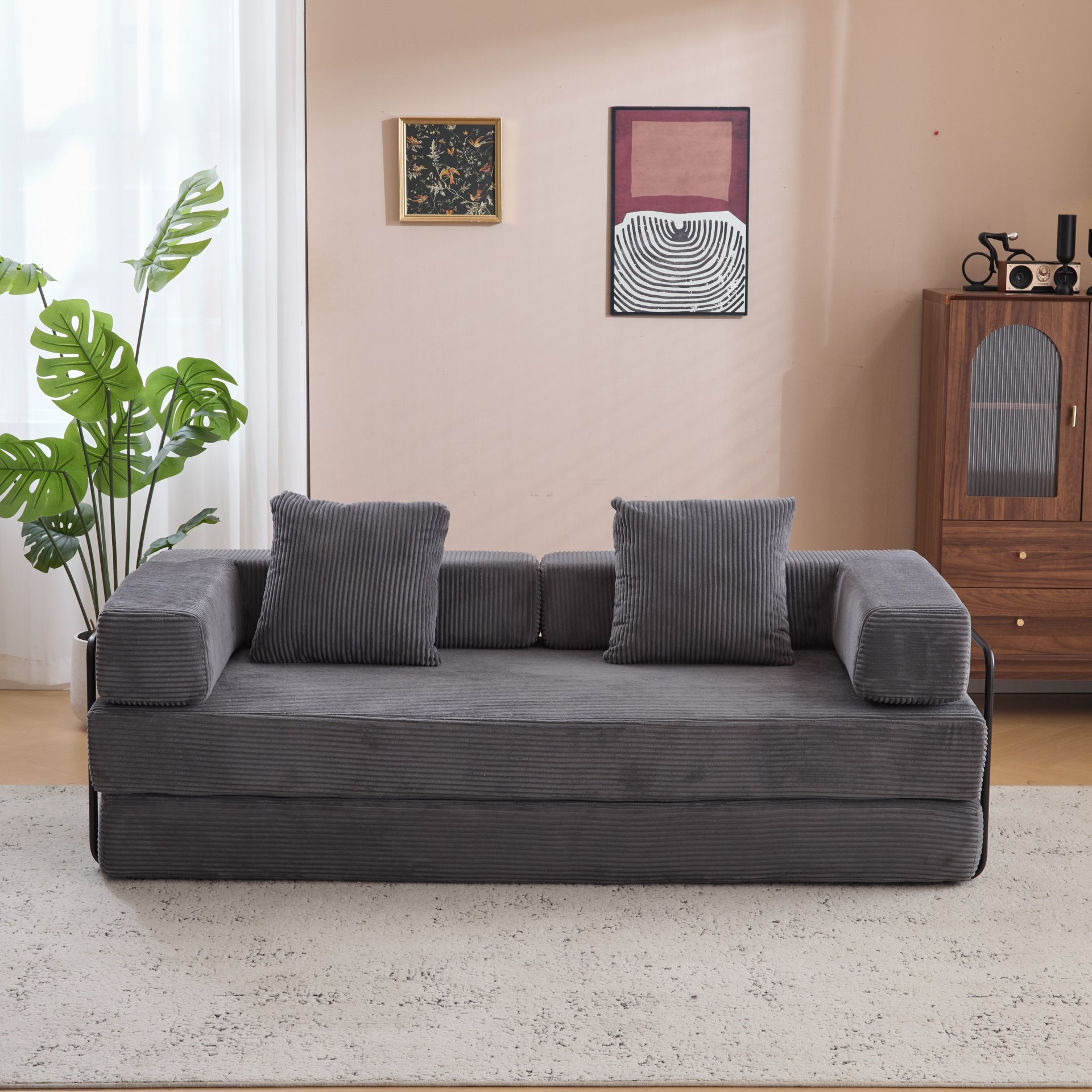 Floor Couch, Compression Sofa, Convertible Floor Sofa Bed With Pillow Back Support Armrest - Dark Gray - Image 9