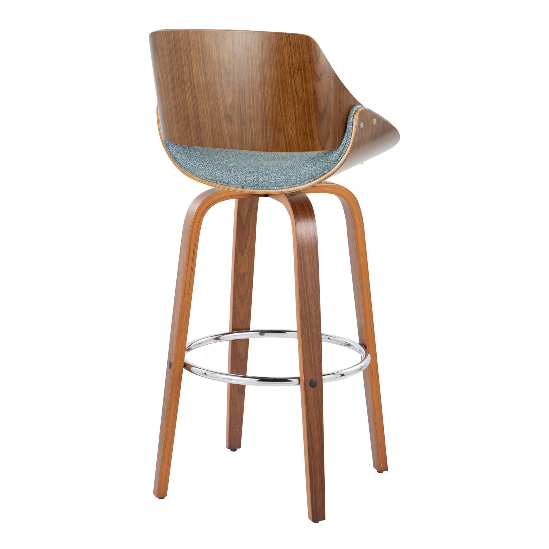 Fabrizzi - Mid-Century Modern Fixed Height Barstool With Swivel With Round Footrest (Set of 2) - Walnut / Blue - Image 4