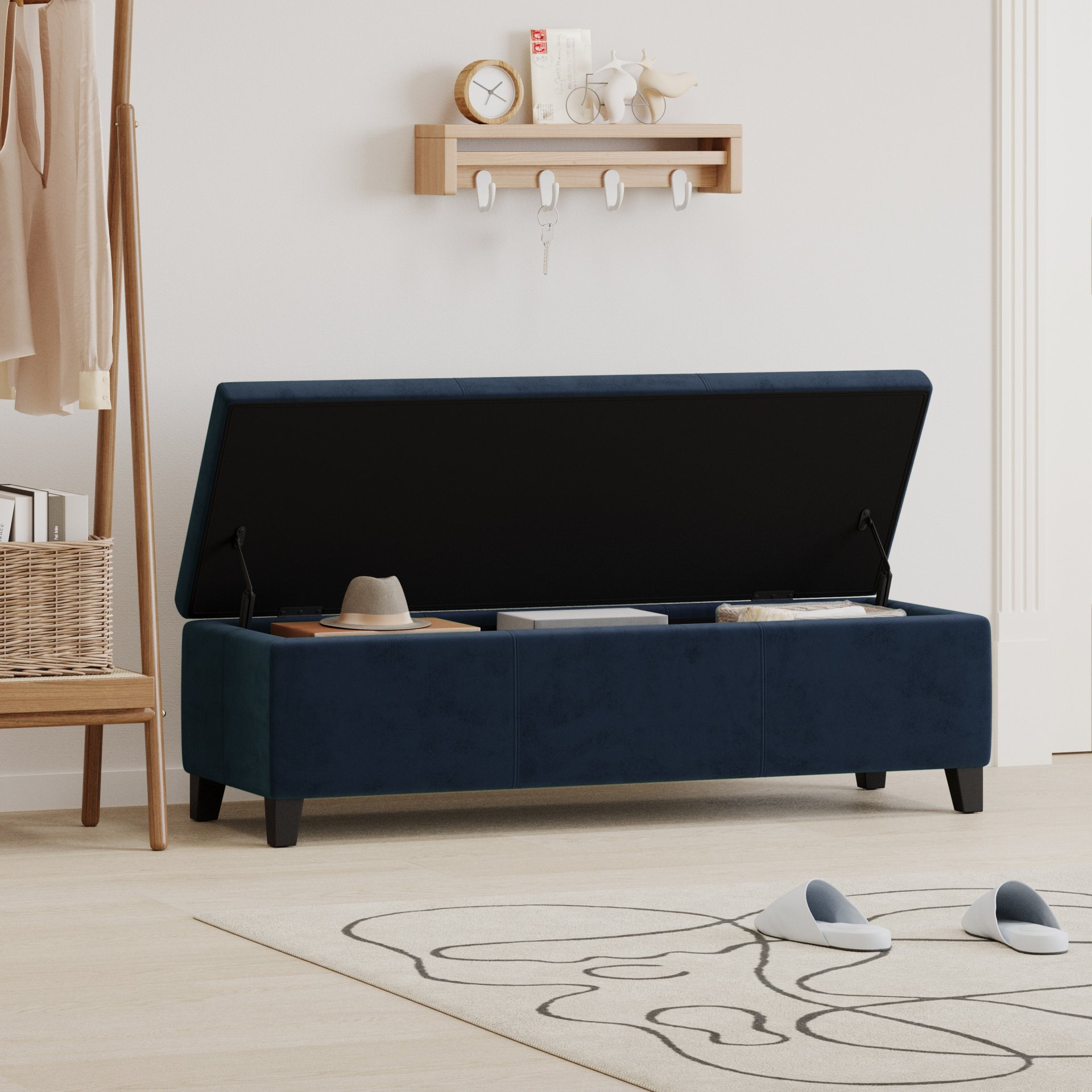 Velvet Storage Bench, Upholstered End Of Bed, Storage Ottoman Benches, Fabric Ottoman Bench With Large Storage Space For Living Room Entryway Bedroom - Dark Blue - Image 4