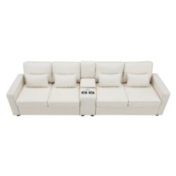 Upholstered Sofa With Console, 2 Cupholders And 2 USB Ports Wired Or Wirelessly Charged, Modern Linen Fabric Couches With 4 Pillows (4 Seat) - Beige