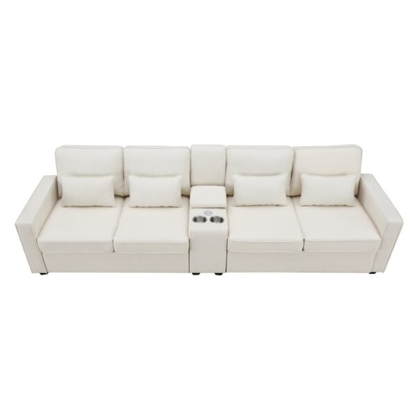 Upholstered Sofa With Console, 2 Cupholders And 2 USB Ports Wired Or Wirelessly Charged, Modern Linen Fabric Couches With 4 Pillows (4 Seat) - Beige
