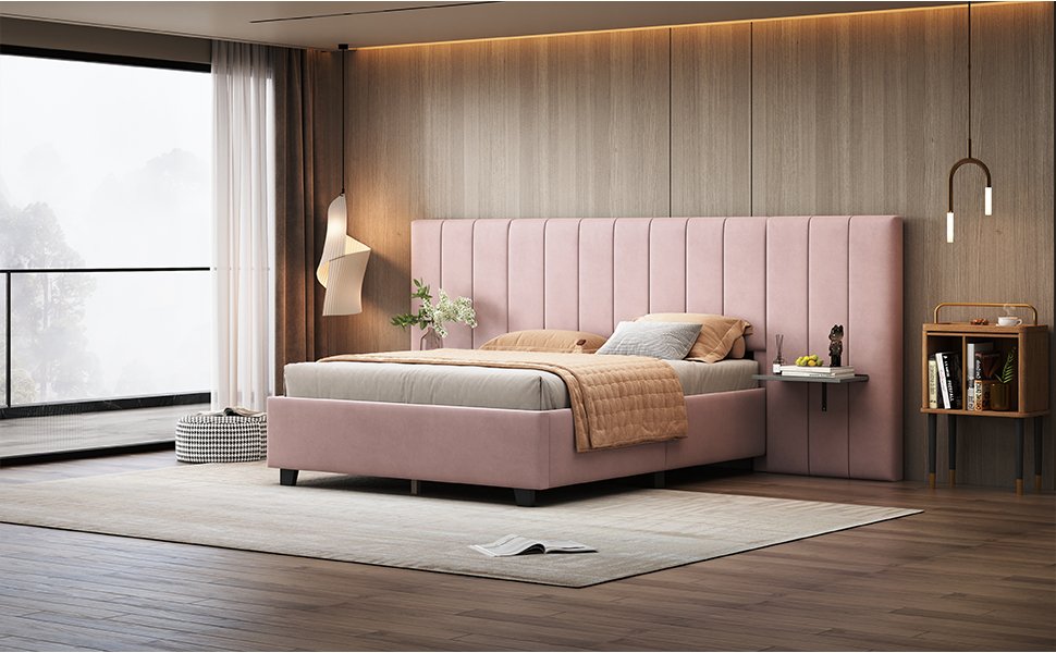 Full Size Upholstered Platform Bed With Big Headboard - Pink - Image 12