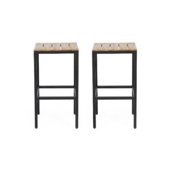 Outdoor Bar Stool With Slat Design And Metal Frame (Set of 2) - Teak / Black