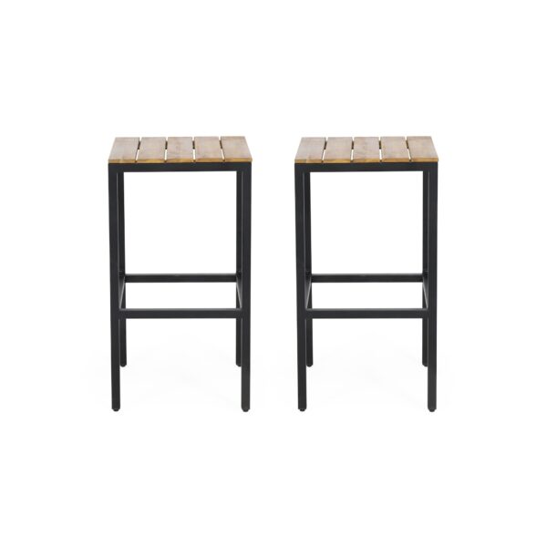Outdoor Bar Stool With Slat Design And Metal Frame (Set of 2) - Teak / Black
