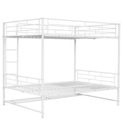 Full Over Full Bunk Bed With Shelf And Guardrails - White