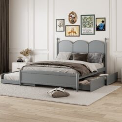 Queen Size Platform Bed With With 2 Big Drawers, Twin Long Size Trundle - Gray