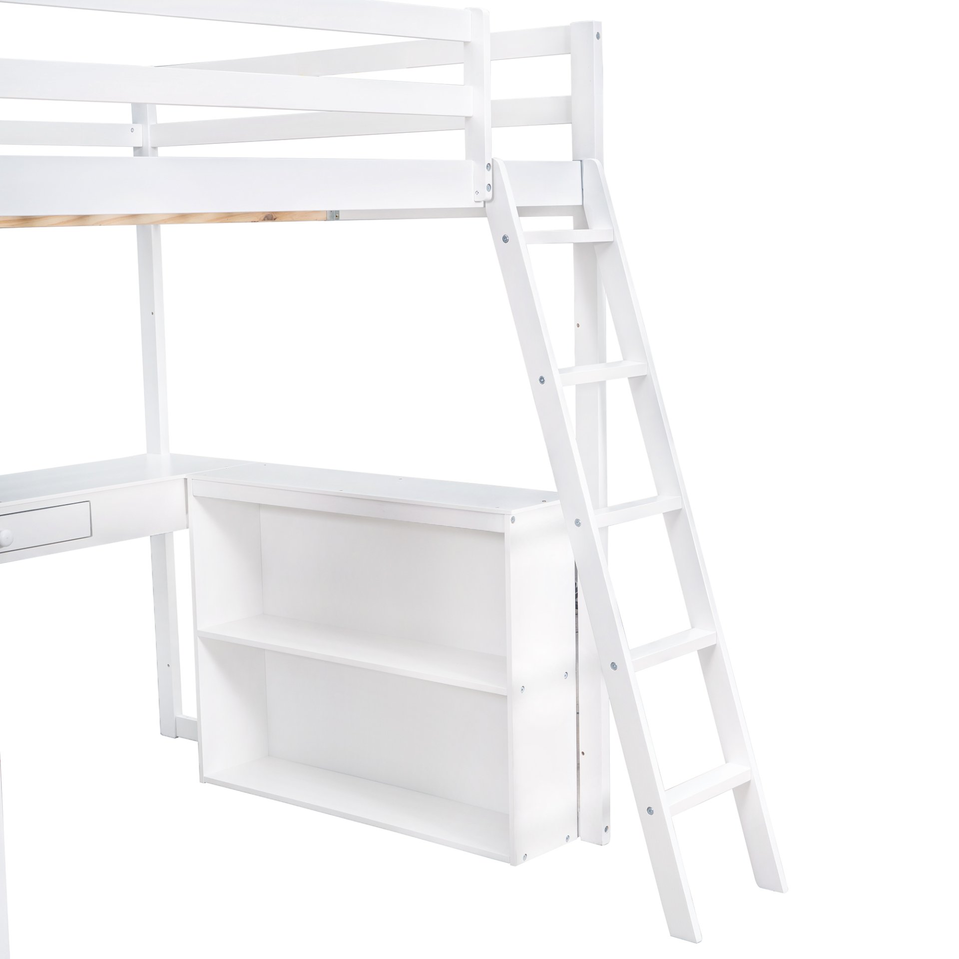 Full Size Loft Bed With Ladder, Shelves, And Desk - White - Image 10