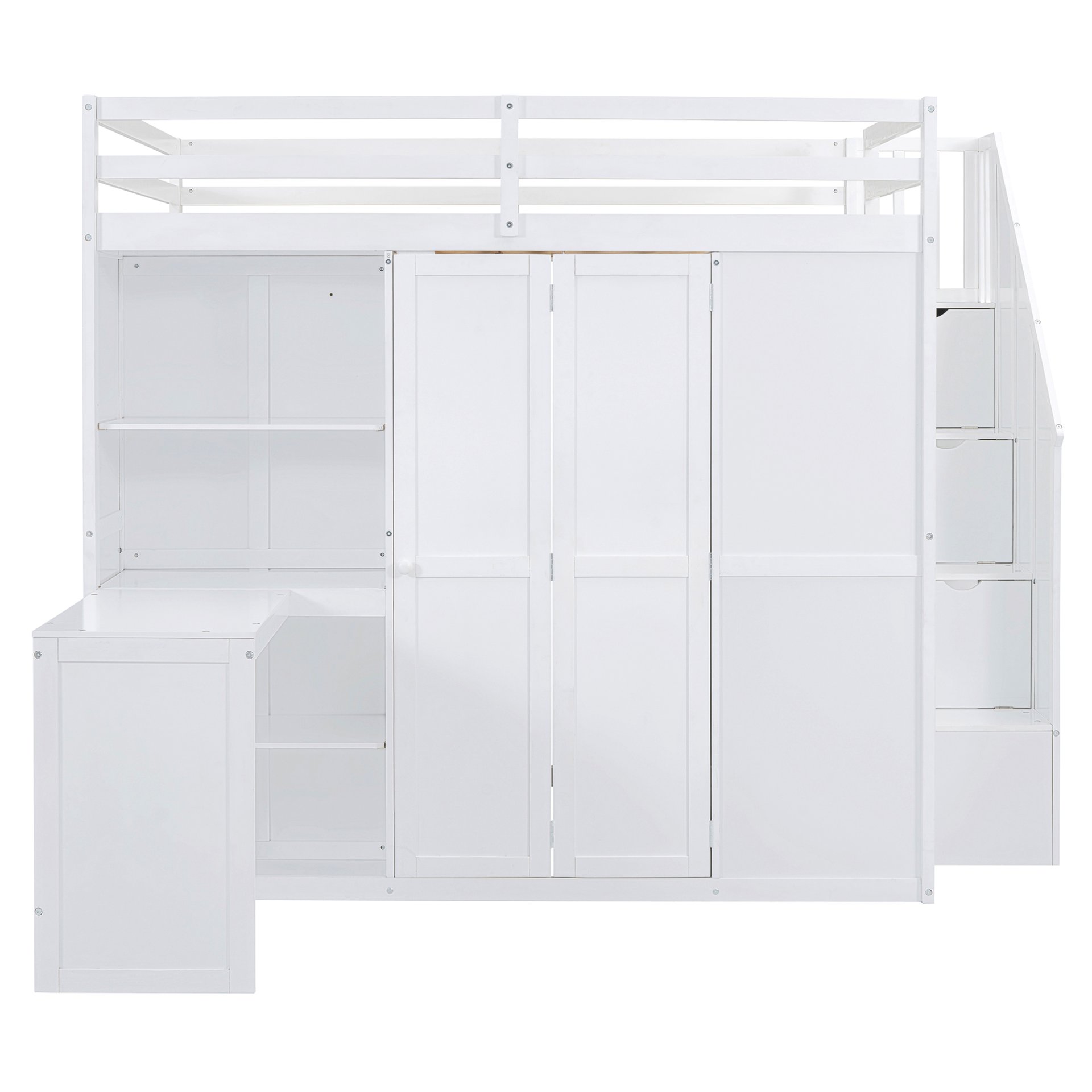 Full Size Loft Bed With Wardrobe, Desk And Shelves - White - Image 3