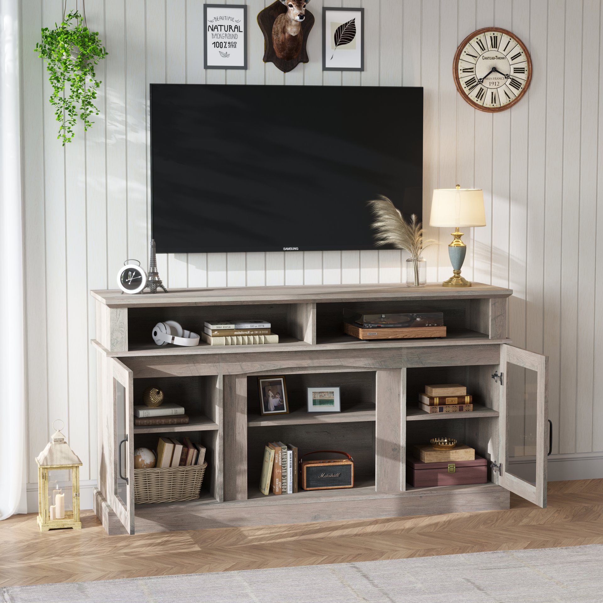 58.27" TV Stand With Storage Cabinet And Shelves, TV Console Table Entertainment Center For Living Room, Bedroom - Gray - Image 2