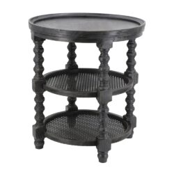 Round 3 Tiered Side Table With Rattan Shelf - Black