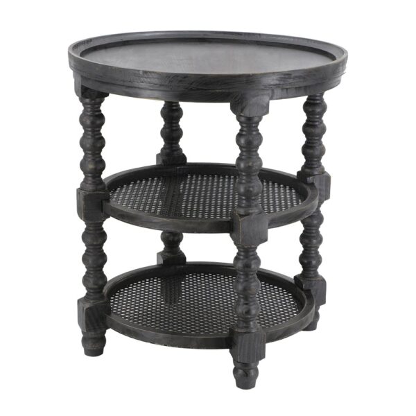 Round 3 Tiered Side Table With Rattan Shelf - Black