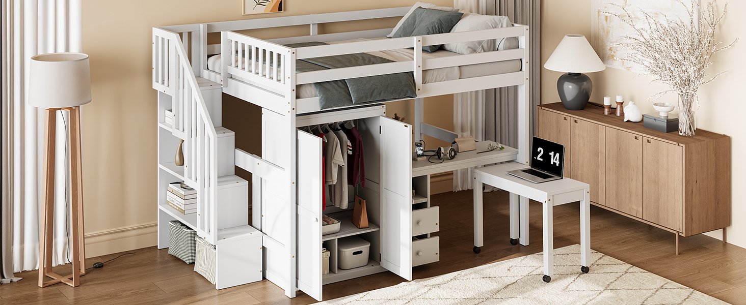 Full Size Loft Bed With Stairs, Bookshelf, Drawers, Desk & Wardrobe, Space Saving Multifunctional Furniture - White - Image 21