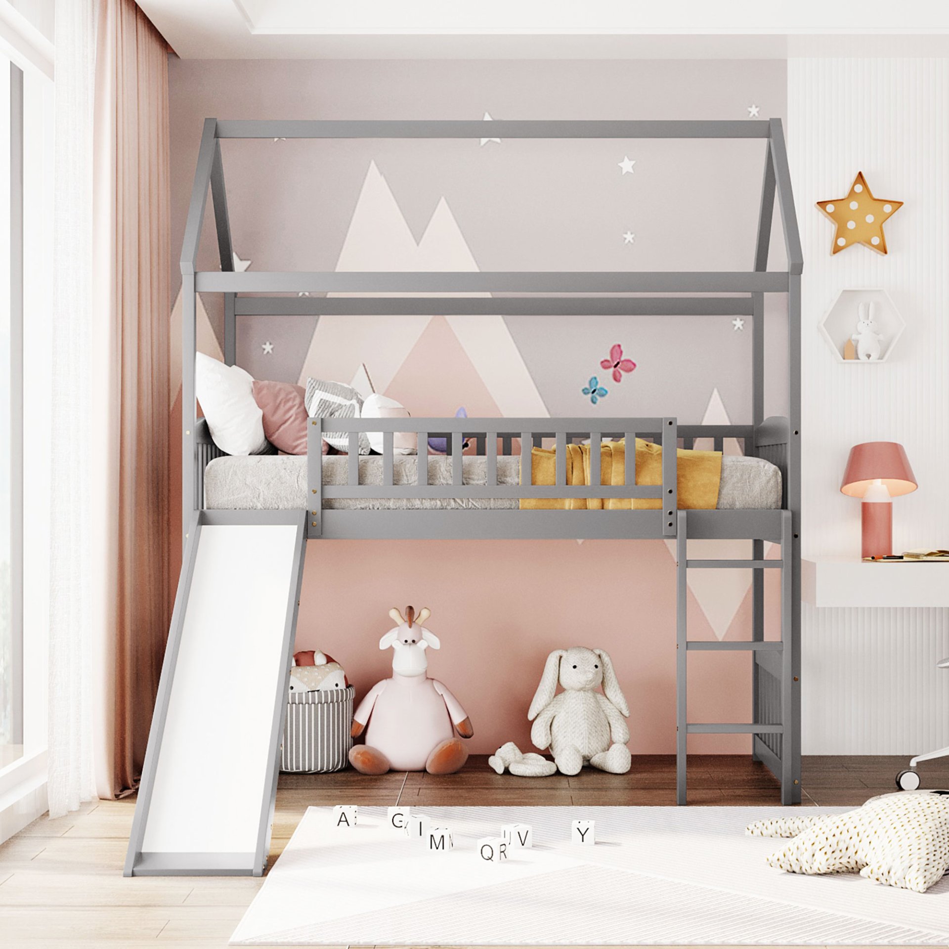 Twin House Loft Bed With Slide - Gray - Image 2