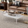 Rectangle Coffee Table With Tempered Glass Top And White Legs, Modern Table For Living Room - Gray - Image 2