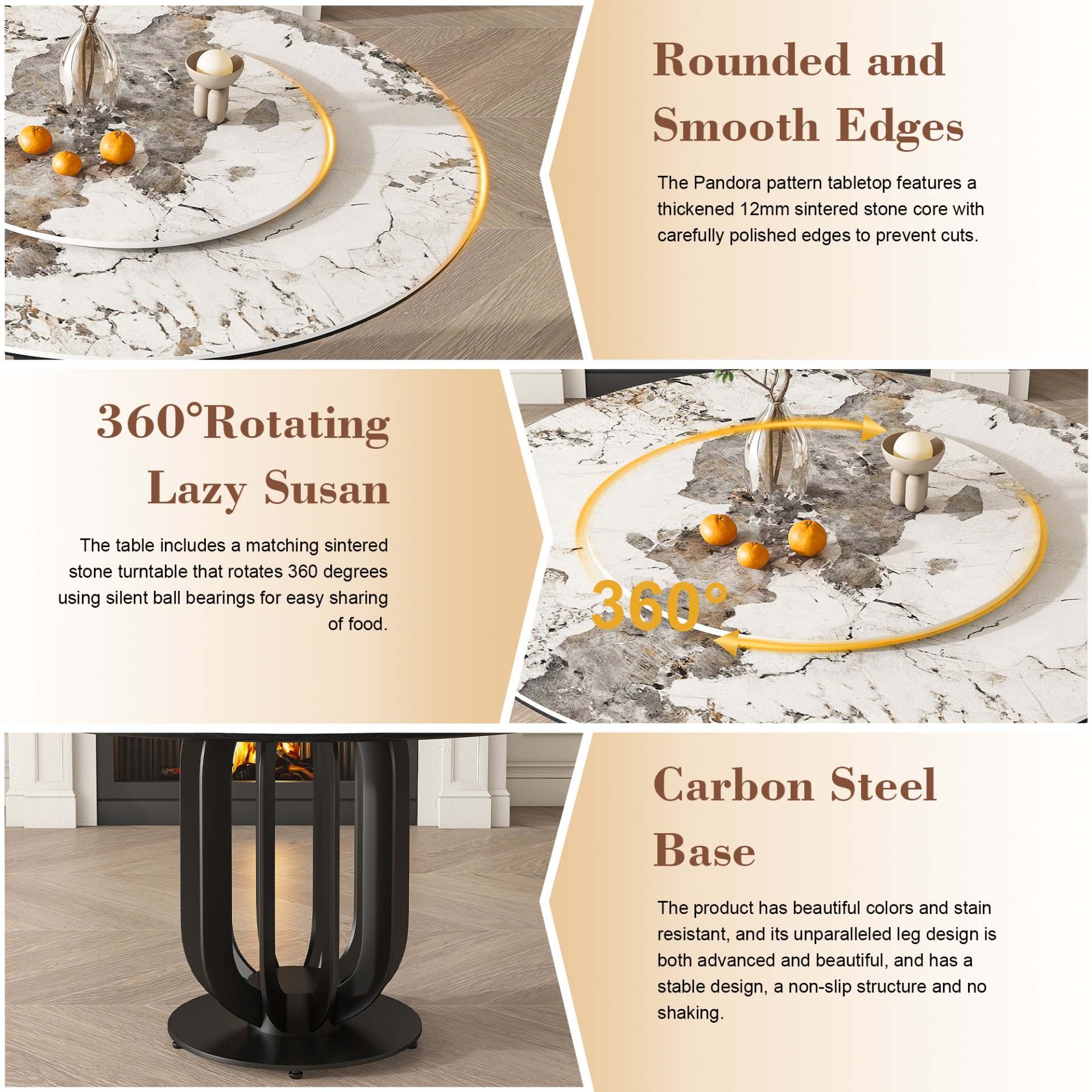 Round Dining Table With Carbon Steel Base And Lazy Susan Industrial Style - Black / White - Image 9