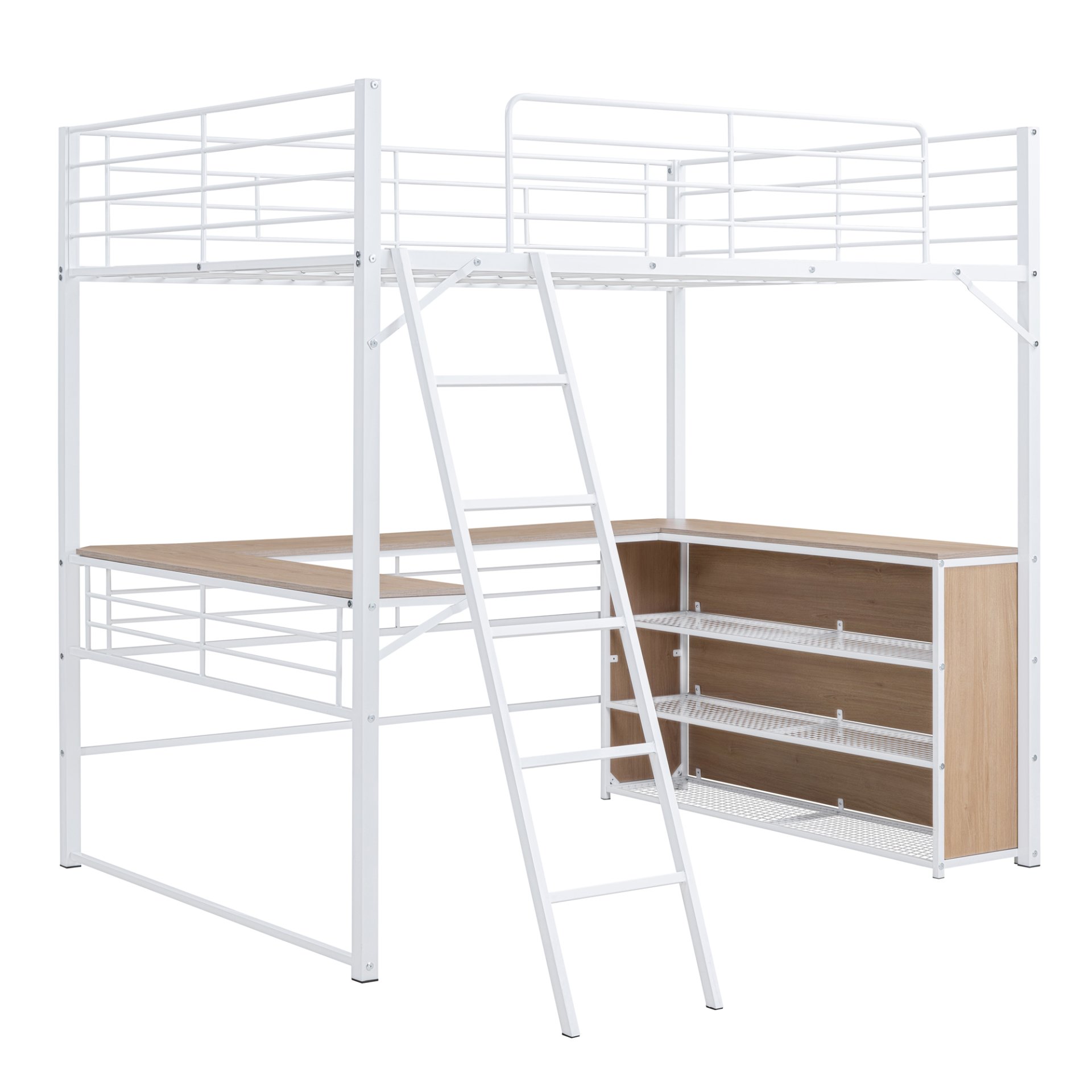 Full Size Loft Bed With 3 Layers Of Shelves And L-Shaped Desk - White - Image 5