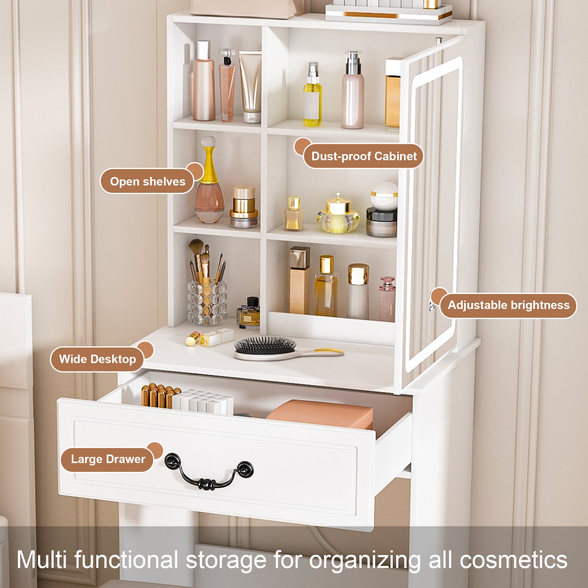 Modern Mini Dressing Table With Led-Lit Mirror & Hidden Storage, Adjustable Brightness Vanity Desk - White - Image 5