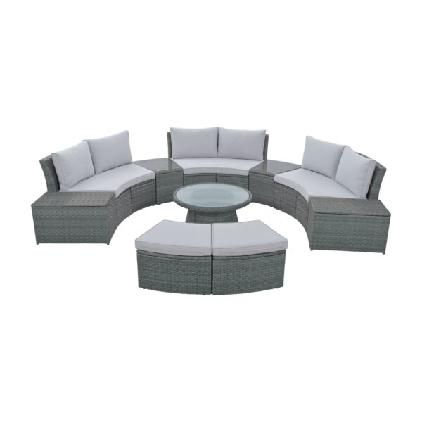 10 Piece Outdoor Sectional Half Round Patio Rattan Sofa Set, Wicker Conversation Furniture Set For Free Combination - Light Gray