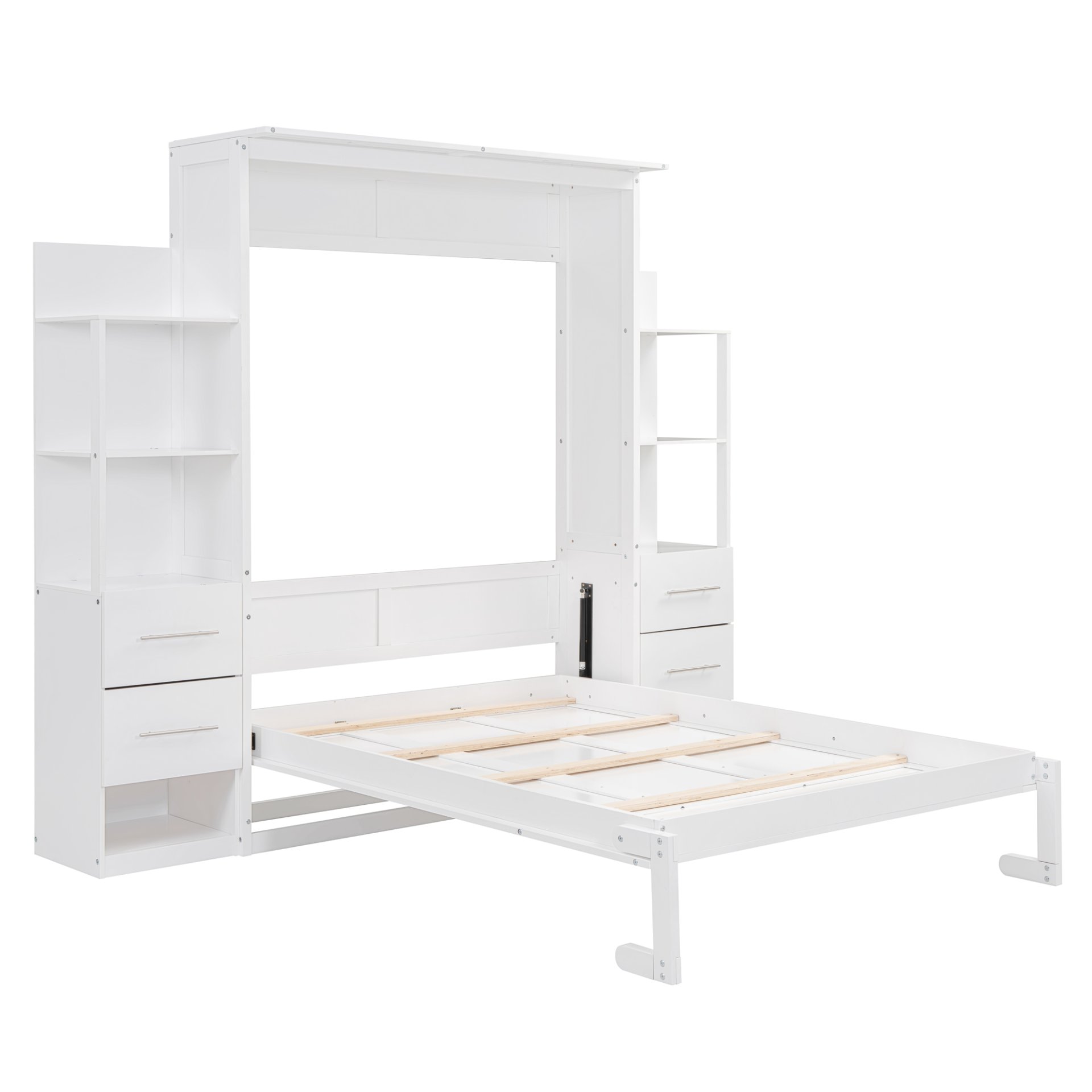 Full Size Murphy Wall Bed With Shelves, Drawers And LED Lights - White - Image 6