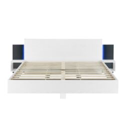 King Size Floating Platform Bed, With LED Lights, Bedside Nightstand - White