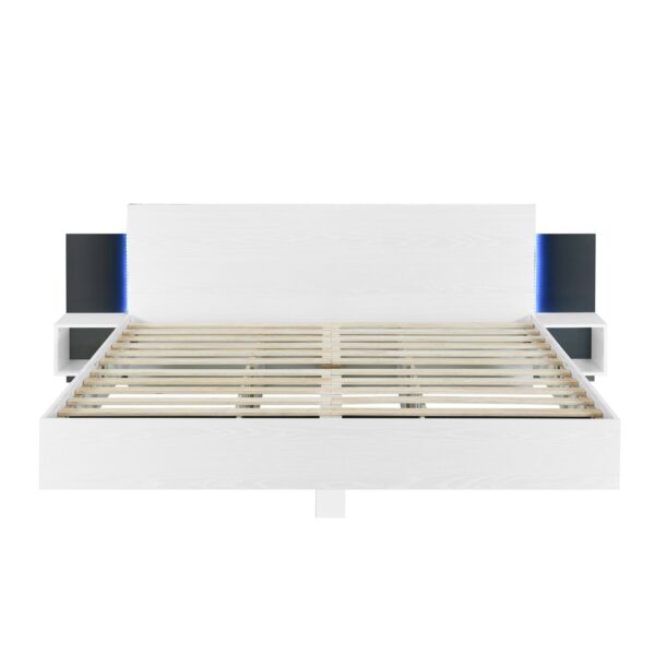 King Size Floating Platform Bed, With LED Lights, Bedside Nightstand - White