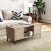 Elegant Veener Weaving Design Coffee Table With 4 Sliding Doors - Natural Wood - Image 2