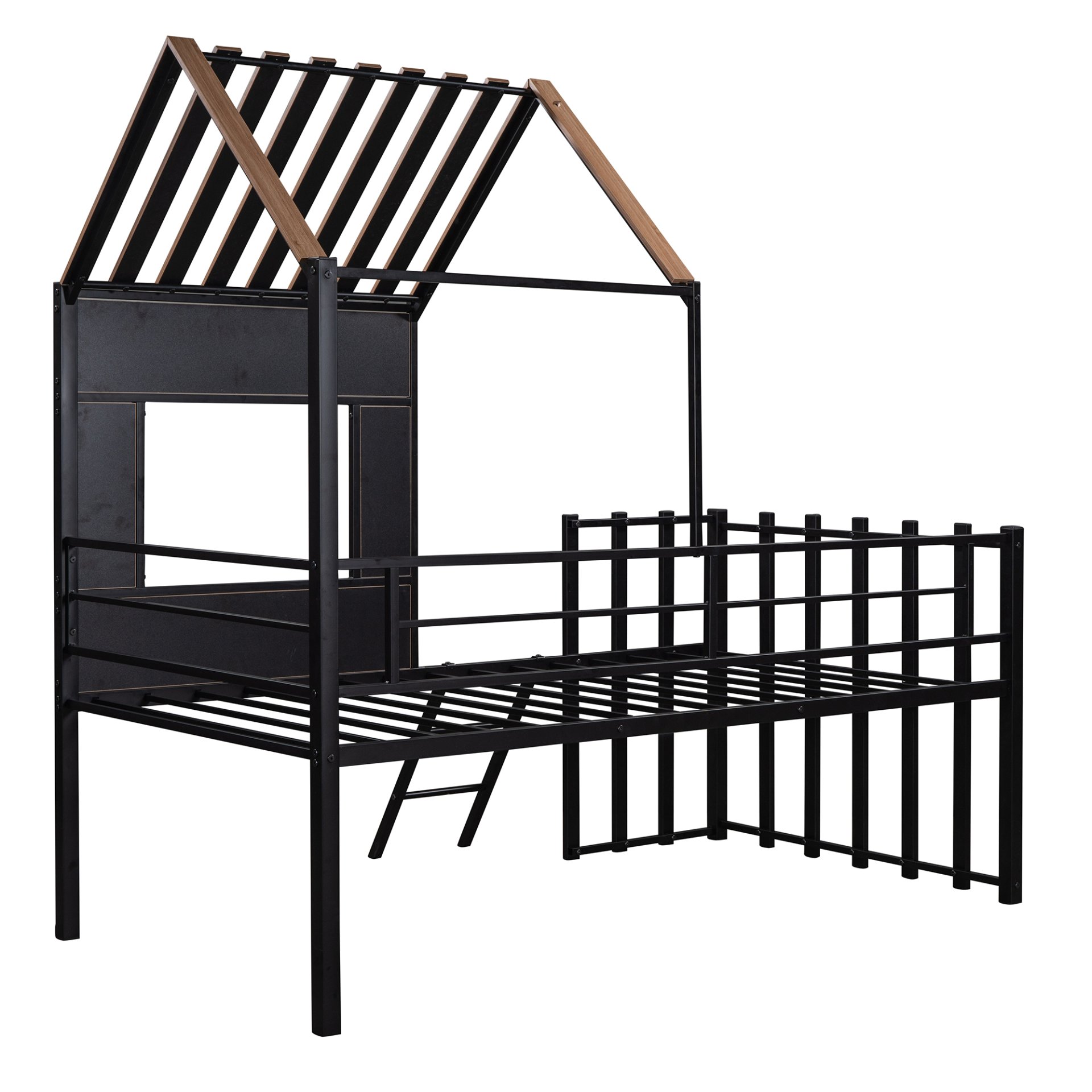 Twin Size Loft Bed With Roof, Window, Guardrail, Ladder - Black - Image 14