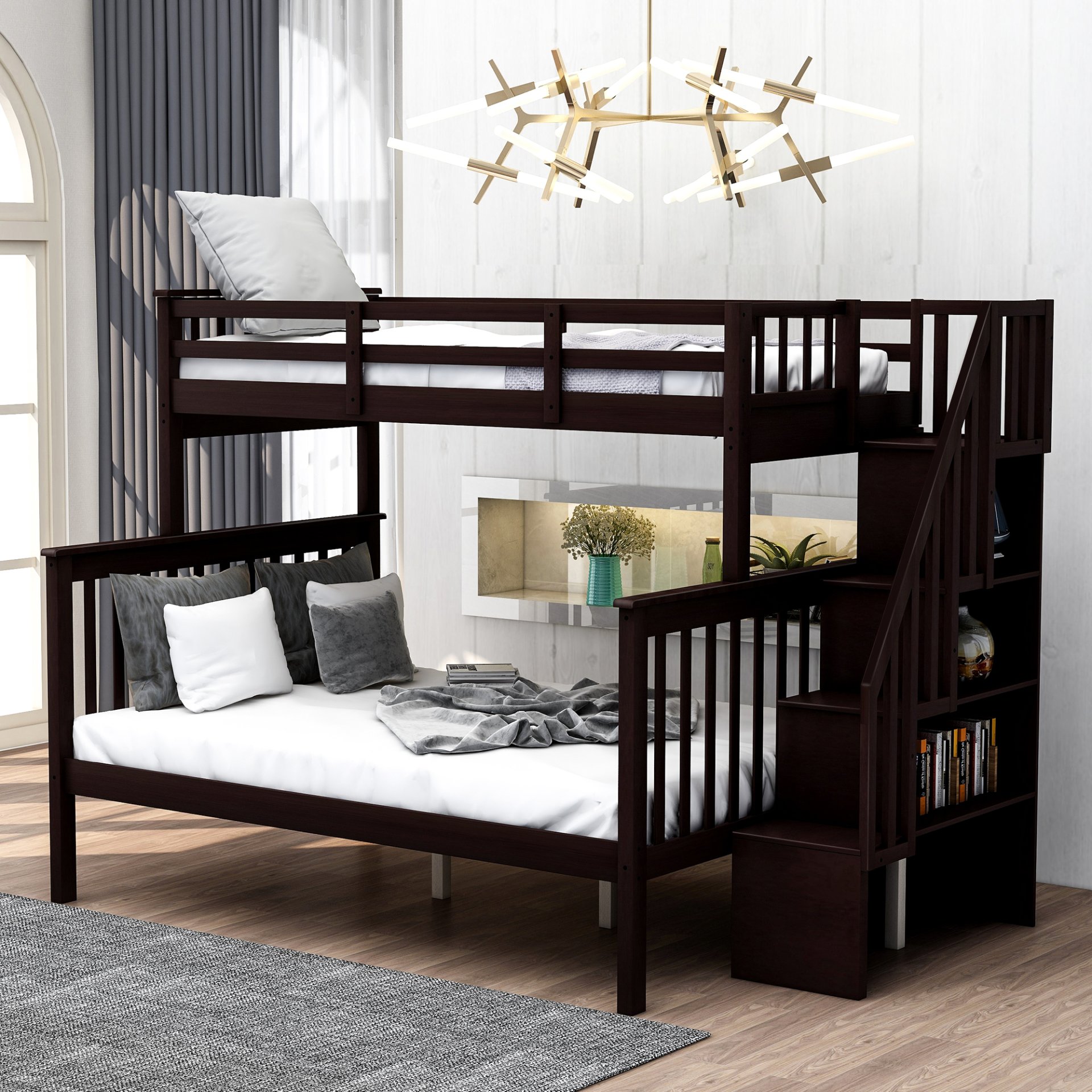 Stairway Twin Over Full Bunk Bed With Storage And Guard Rail For Bedroom - Espresso - Image 2