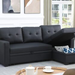 Upholstered Pull Out Sectional Sofa With Chaise - Black