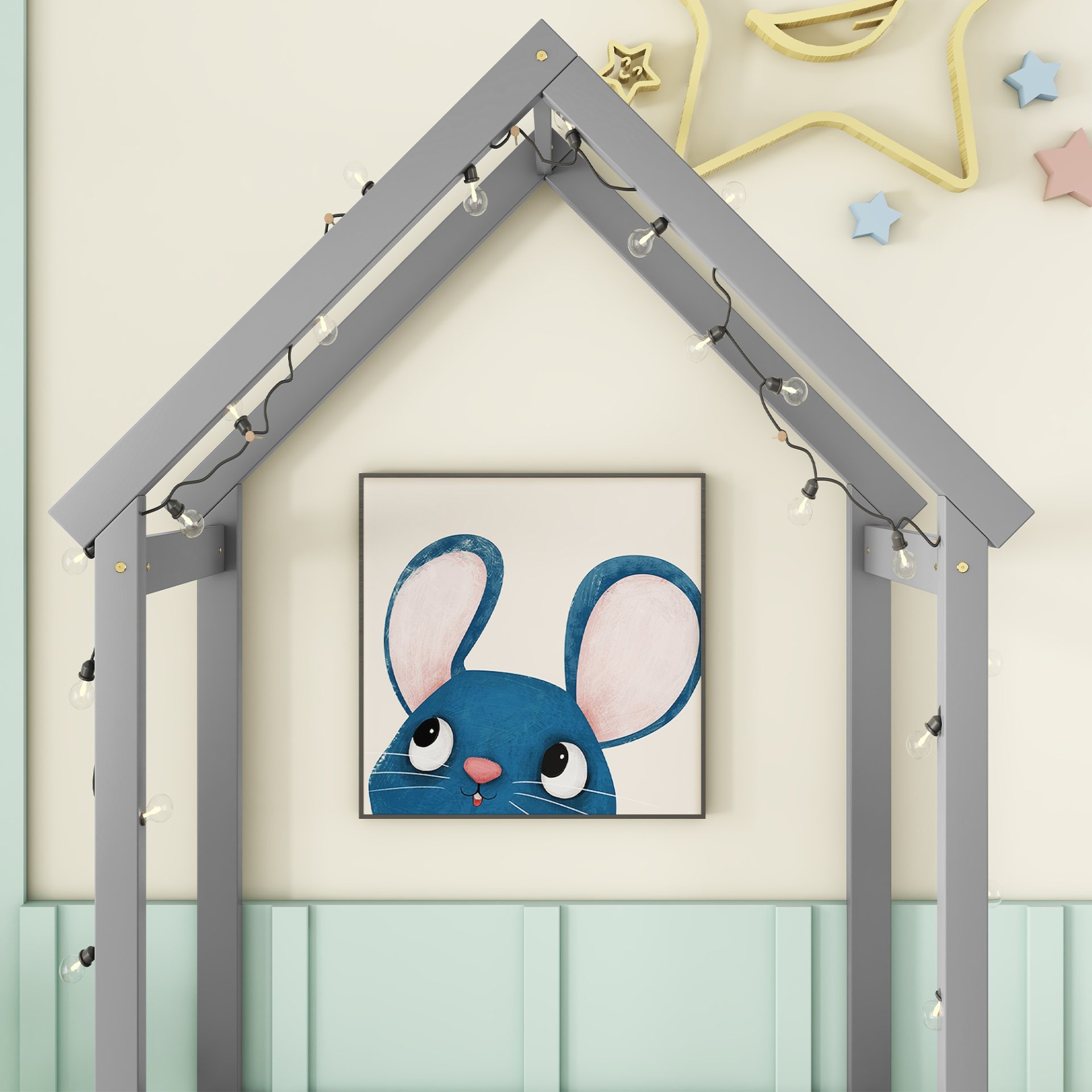 Twin House-Shaped Roof Headboard Floor Bed, (Without Slats) - Gray - Image 6