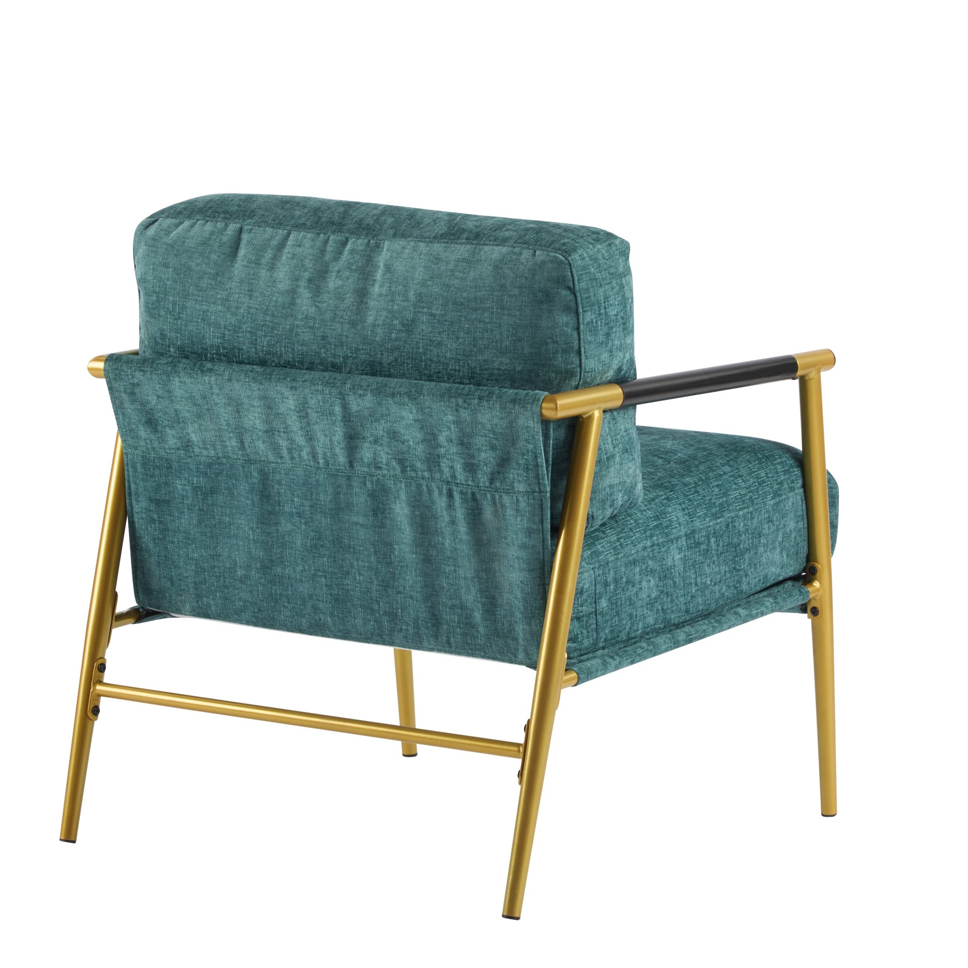 Modern Accent Chair With Plush Cushions, Metal Frame, Wooden Armrests Cozy Seating For Living Room, Bedroom, Office - Gold / Teal Blue - Image 11