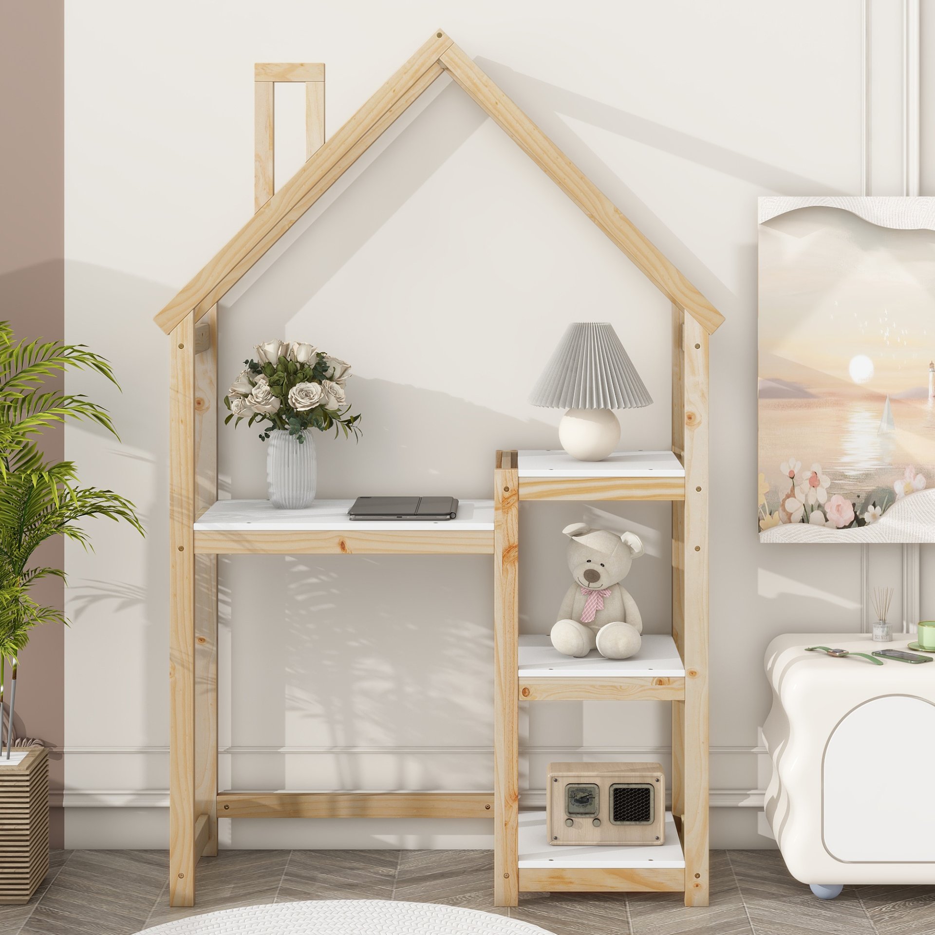 House-Shaped Wooden Writing Desk, Kids Study Table, Bookshelf & Toy Storage - Natural - Image 3