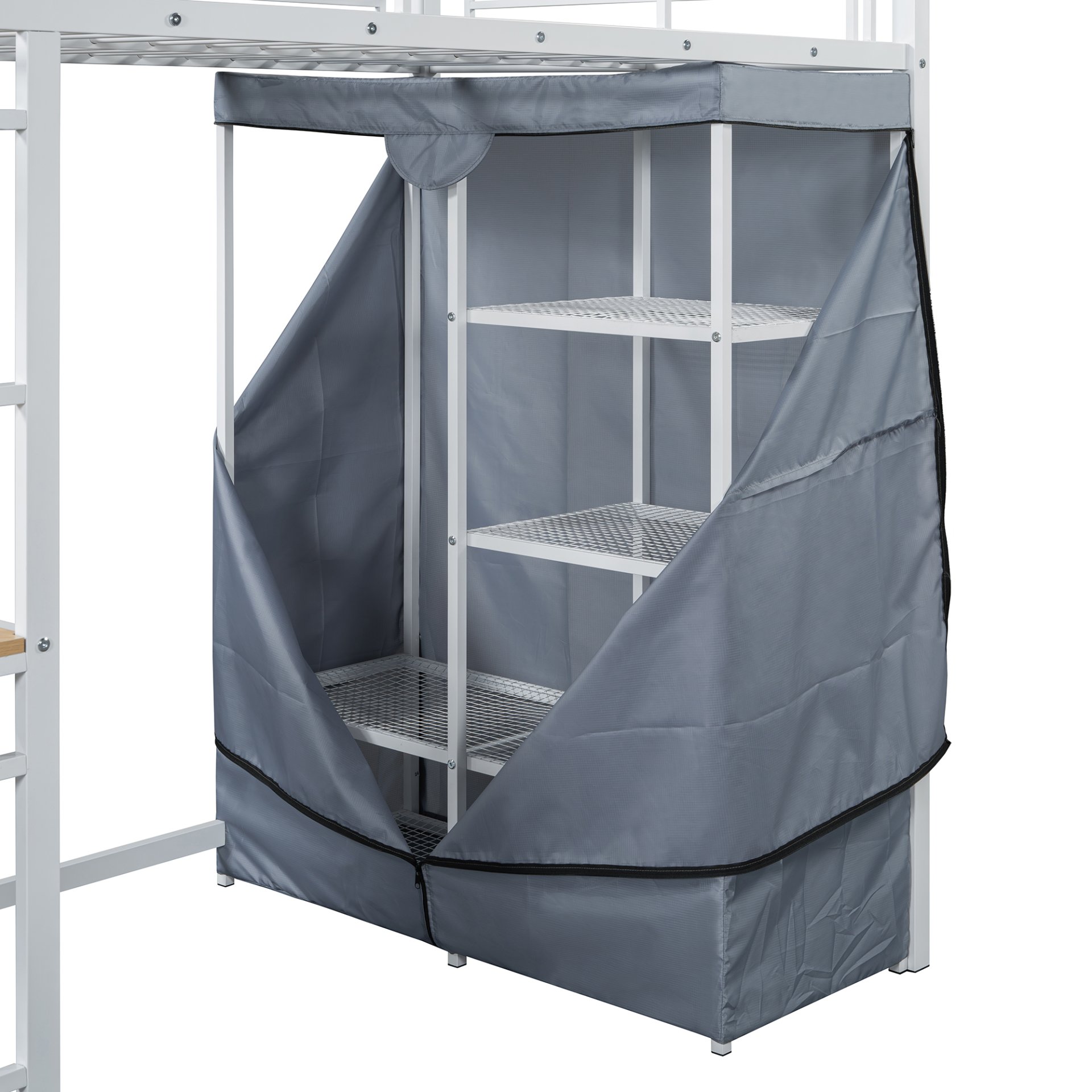 Twin Size Loft Bed With Desk, Shelves, Power Outlet, LED Light And Wardrobe - White - Image 12