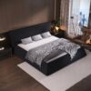 King Size Upholstered Platform Bed With Special Shaped Velvet Headboard, Metal & Solid Wood Frame - Black - Image 2